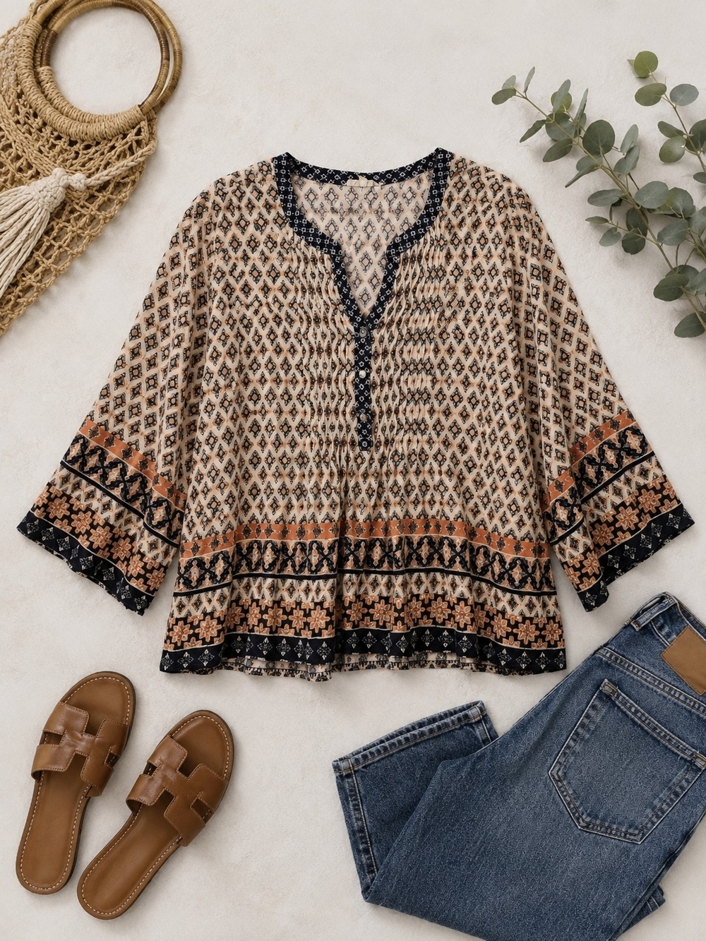 BOHO Peasant Blouse with Navy and Rust Trim